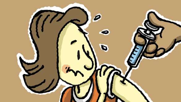 Bild im Comic-Stil, Frau hat Angst vor Spritze, die ihr in den Arm gestochen wird